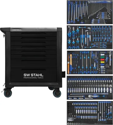 Produktbild von SW-Stahl Z3201 Profi Werkstattwagen TT802 schwarz I 8 Schubladen I 5 Schubladen gefüllt I 434 teilig I Werkstatt Rollwagen mit Werkzeug bestückt I Twin-Lock I Werkstattwagen kit I voll ausgestattet