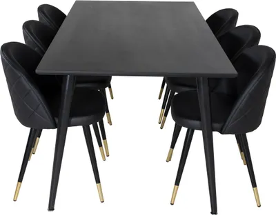 Produktbild von Dipp180x90BLBL Essgruppe Esstisch schwarz und 6 Velvet Esszimmerstühle PolyurethanKunstleder schwarz.