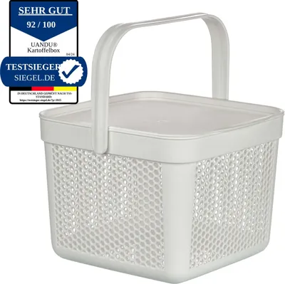 A white plastic basket with a lid and handle, designed for storing vegetables like potatoes and onions. It has a perforated design on the sides for ventilation. A seal of approval is visible in the top left corner.