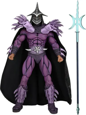A full-body shot of a Shredder action figure with a cape and a weapon.