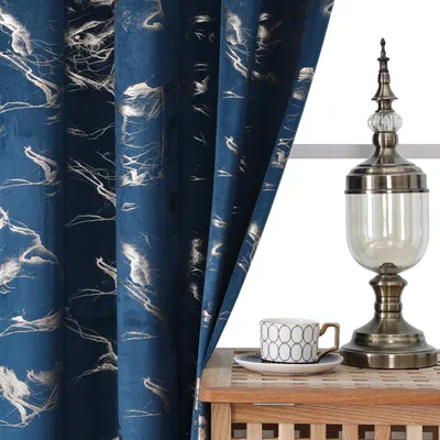 2er-Set Ösenvorhänge, 200x140 cm, marineblau mit Gold-Marmorprint, Samtoptik