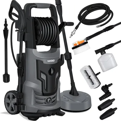 Produktbild von MASKO® Hochdruckreiniger 2200 Watt 165 bar 450 l/h, mit Spule Schlauchtrommel 10m Schlauch 9 TLG Zubehör Set, mit Handschuhen, Seifenflasche, Schaumdüse, Hochdruckpistole für Autos/Zäune/Garten/Patios