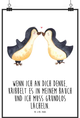 Produktbild von Mr. & Mrs. Panda Bild Pinguine Kuss DIN A2 - Weiß - Geschenk, drucke, für Frauen, Hochzeitstag, Freundin, Plakat, Wandbild, Kunstdruck, Valentinstag, Mitbringsel, Partner