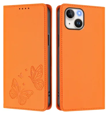 Obrázek produktu pro Kožené pouzdro pro iPhone 15, motýlí ražbou, peněženkové flip pouzdro se stojánkem Oranžová