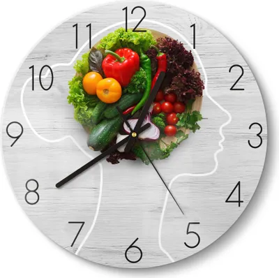 Produktbild von DEQORI Glasuhr Ø30 cm Zahlen 'Nahrung fürs Gehirn' Wanduhr Glas Uhr Design leise