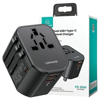 Obrázok produktu pre Univerzálna cestovná nabíjačka Usams Adapter Siec 2Xusb+1Xusb-C T59 20W 4W1 Us/Au/Eu/Uk Czarny/Black Cc179Tc01 (Us-Cc179)