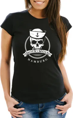 Produktbild von Damen T-Shirt Totenkopf Matrose Anker Motiv Skull Emblem Schriftzug Moin Moin Hamburg Spruch Frauen Fun-Shirt Moonworks® schwarz 3XL