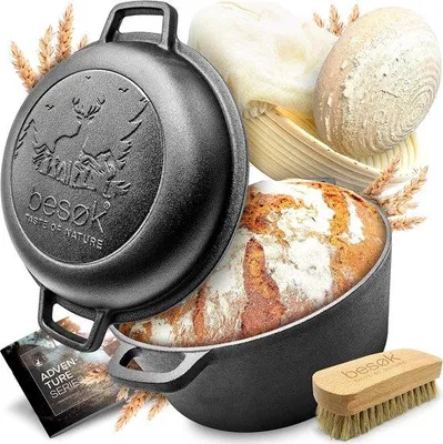 Produktbild von Famanu Gusseisen-Bratpfanne 26 cm mit Deckel - Brotbackform inkl. Gärkorb