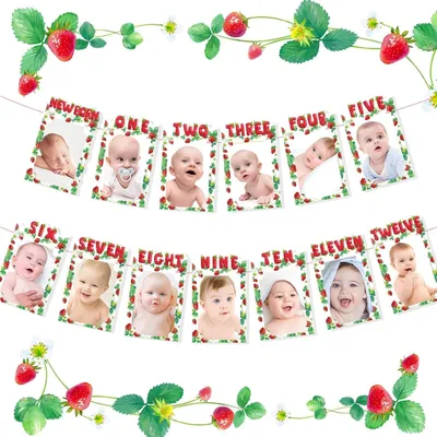 Productafbeelding van Foto-slingers met aardbeienprint, voor de eerste verjaardag, geschikt voor 10 foto's, voor wanddecoratie