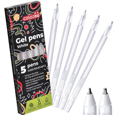 Produktbild von Colozoo 5er Set Gelstifte Weiß – Deckende Tintenroller in 5 Spitzenbreiten (0,5–1,2 mm) für schwarzes Papier & Handlettering