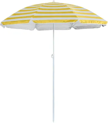 A yellow and white striped beach umbrella with a white pole, isolated on a white background.