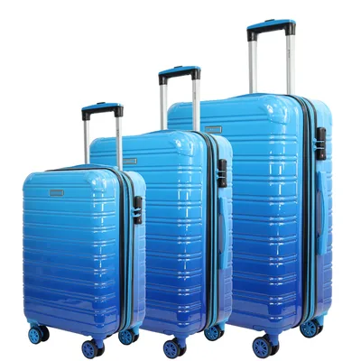 Three suitcases of varying sizes arranged in a row, all with a blue gradient color.