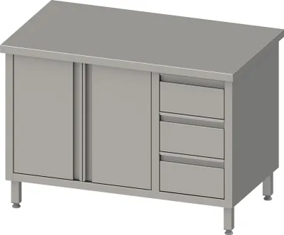 Produktbild von Arbeitsschrank mit Flügeltüren, 1500x600x850 mm, mit 3er Schubladenblock rechts, ohne Aufkantung, verschweißt