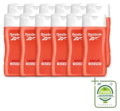 Immagine prodotto di 12 flaconi di gel doccia Reebok Move Your Spirit, profumo di melograno e agrumi, capacità 400 ml, confezione grande (12 pezzi)