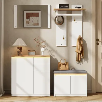 Produktbild von Flieks Flur-Garderoben-Set mit Spiegel, Kleiderstange, Haken, Schuhschrank & Schuhbank, Flurmöbel, Flurgarderobe, für Flur & Diele, Weiß