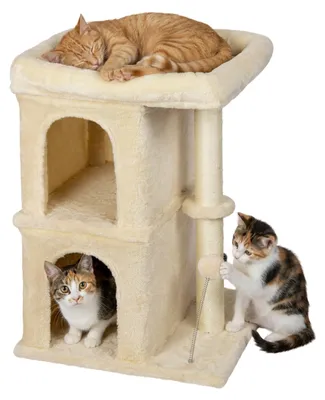 Image de Arbre à gratter Relaxdays, avec 2 cachettes et jouets, en sisal, avec surface de repos, cachette pour chat, dimensions (H x L x P) : 71 x 46 x 40 cm, doux, beige