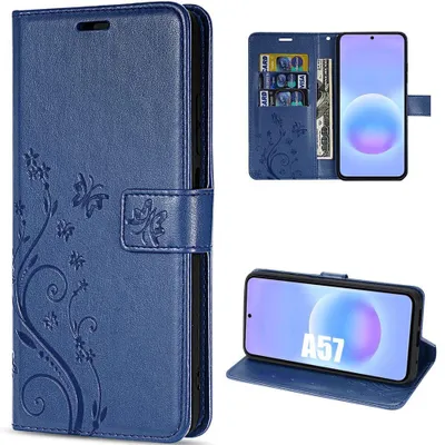 Image de Coque pour Samsung Galaxy A57 5G, Protection Antichoc Synthécuir Bleu Marine Motif Papillon Fleur