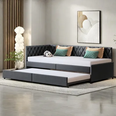 Zdjęcie produktu dla Fortuna Lai rozkładana sofa 90x200 cm, rozkładane łóżko młodzieżowe i łóżko tapicerowane, wielofunkcyjne, w kształcie litery L, szare