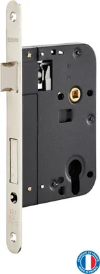 Image de Boitier de serrure encastrable à cylindre pour porte d'entrée, axe 70mm, bouts ronds, nickelé - THIRARD