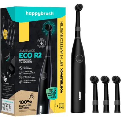 Obrázok produktu pre happybrush ECO R2 Allblack, Dospelý, Vibračná zubná kefka, Hlboké čistenie, Leštenie, Jemný, 8800 pohybov za minútu, Čierna, Nemecko