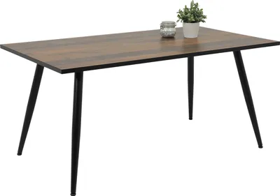 A rectangular dining table with a wood-grain top and black legs, placed on a white background. A small potted plant and a decorative jar are on the table.