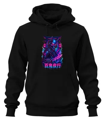 Productafbeelding van Hyakki Yagyo Cyber Samurai Oni Japan Y2K Synthwave Hoodie, zwart, maat L