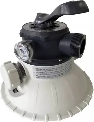 Close-up of a pool pump filter valve with a pressure gauge.