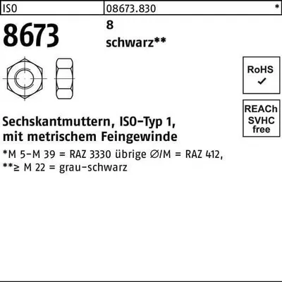 Produktbild von Sechskantmutter ISO 8673 M 42 x 1,5 8 schwarz 10 Stück