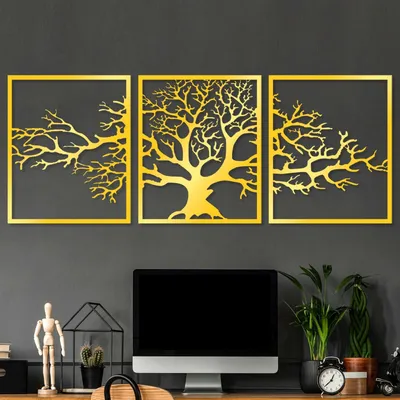 Immagine prodotto di Wallity, Albero triplo dorato 2, accessorio decorativo da parete in metallo, oro, METALLKÖRPER, 49 x 60 cm