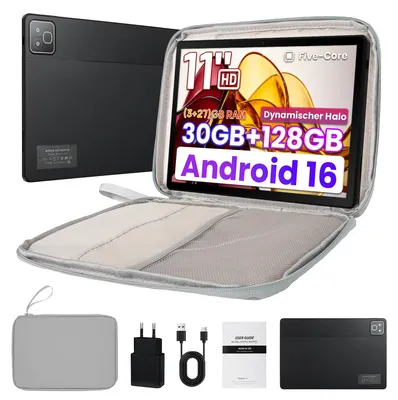 Produktbild von Tablet 11 Zoll, mit Tasche, 30(3+27)GB RAM, 128 GB ROM, HD IPS Display, Dual-Kamera, 7800 mAh, Android 16, 5G WiFi