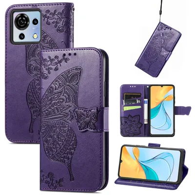 Immagine prodotto di Per ZTE Blade V50 Vita Portafoglio in Pelle finta Custodia per cellulare Farfalla Design Custodia protettiva Cover Cases Purple