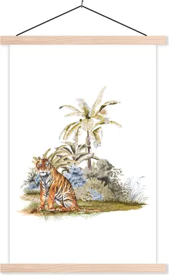 Produktbild von MuchoWow® Textilposter Tiger - Pflanzen - Weiß 60x90 cm mit holzfarbenen Rahmen - Textil