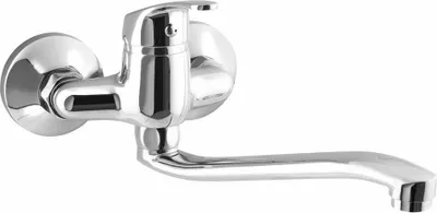 A chrome-finished wall-mounted faucet with a long, flat spout, shown against a white background.