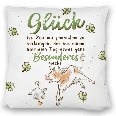 Produktbild von Kuh und Gans Kissen satiniert mit Spruch Glück ist besondere Zeit teilen