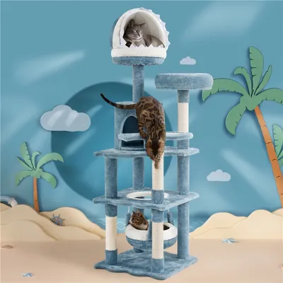 A multi-level cat tree with three cats, set against a beach-themed backdrop with palm trees and clouds.