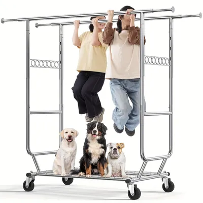 Image de Porte-vêtements robuste – Conception à double barre réglable – Capacité de charge maximale : 295 kg – Mobile sur roulettes – Argenté