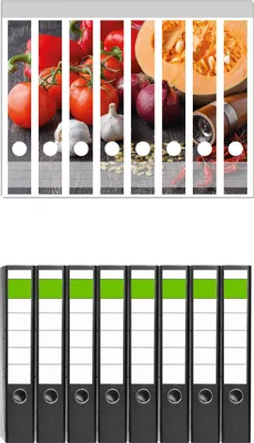 Produktbild von Wallario 8 Stück schmale Ordner inkl. Klebeetiketten mit Motive Kürbissuppe - Zutaten mit Tomaten, Knoblauch, Zwiebeln und Pfeffer -  Set mit Rückenschildern / Ordnerrücken Stickern