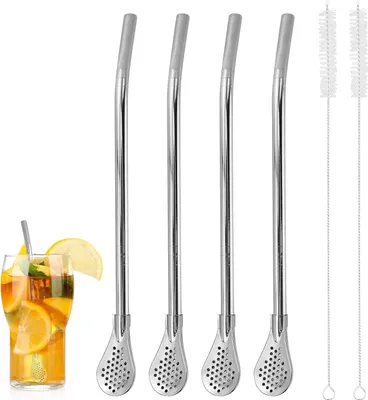 Produktbild von 4 Stück Trinkhalme Löffel mit 2 Reinigungsbürsten, Edelstahl Sieblöffel/Strohhälme/Teelöffel für Tee, Kaffee, Saft, Milchshakes, Cocktails, Zitronentee