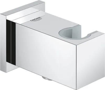 A chrome shower arm bracket with a holder for a shower head.
