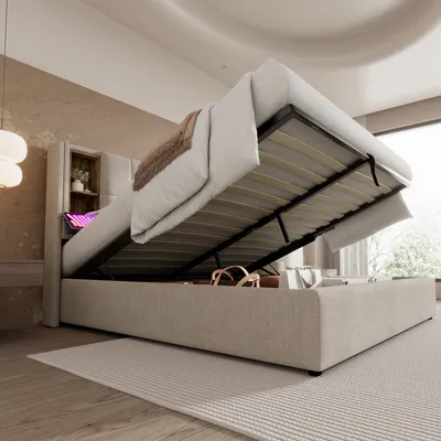 A bed with its storage compartment open, revealing the mattress and some items inside, in a modern bedroom setting.