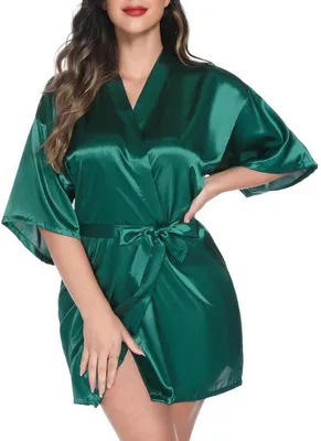 Produktbild von Kurze grüne Satin-Kimono mit Riemen und V-Ausschnitt