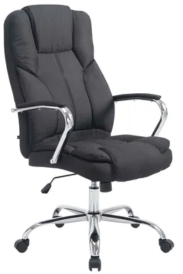 A black office chair with chrome accents on a white background.
