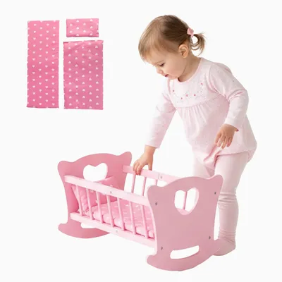 Produktbild von Kinderplay Holzpuppenwiege mit Bettwäsche – große Puppen-Schaukelwiege aus Holz für Puppen bis 49,5 cm – mit Matratze, Kissen und Decke – Modell GS2106