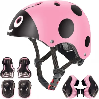 Immagine prodotto di Kit di protezioni per bambini, composto da 7 pezzi: casco, protezioni per ginocchia, protezioni per gomiti, protezioni per polsi, colore rosa, motivo coccinella, taglia S (3-8 anni)
