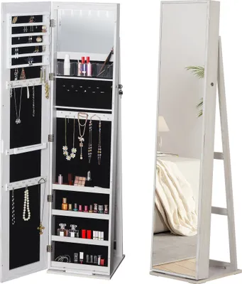 Image de HOMCOM Armoire à Bijoux avec Miroir sur Pied Multi-rangements éclairage LED Blanc dim. 38L x 38l x H157 cm