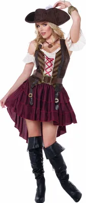 A woman wearing a pirate costume.