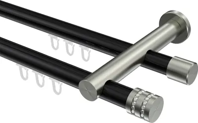 Produktbild von Interdeco Innenlaufstange / Gardinenstange mit Innenlauf Schwarz / Edelstahl-Optik, Typ Platon Estana (Glitzerkappe), 20 mm Ø 2-läufig, 280 cm