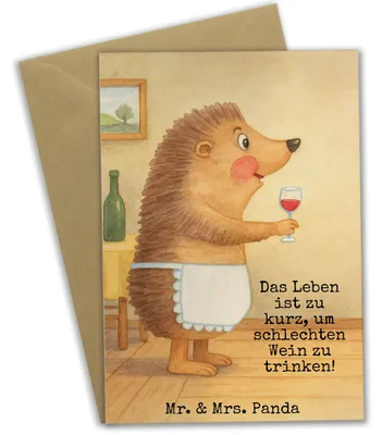 Produktbild von Mr. & Mrs. Panda Glückwunschkarte Igel Wein Design - Weiß - Geschenk, weihnachtskarten, glückwunschkarten, Rotwein, Weinglas, Grußkarte, Weißwein, einladungskarten