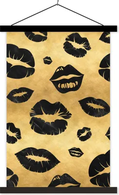 Produktbild von MuchoWow® Textilposter Muster - Kuss - Gold - Schwarz 120x180 cm mit schwarzem Rahmen - Fotos