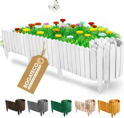Produktbild von BOGATECO Beeteinfassung Holz Rollborder Holzlatten | Rollzaun 10cm Hoch & 200cm lang | Holz-Zaun | Staketenzaun Perfekt als Beet-Umrandung oder Weg-Abgrenzung | Weiß